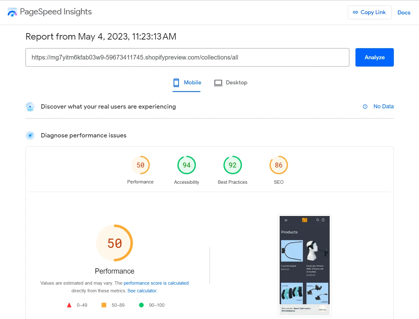 PageSpeed Insights report showing a performance score, accessibility score, best practices score and SEO score of 86.